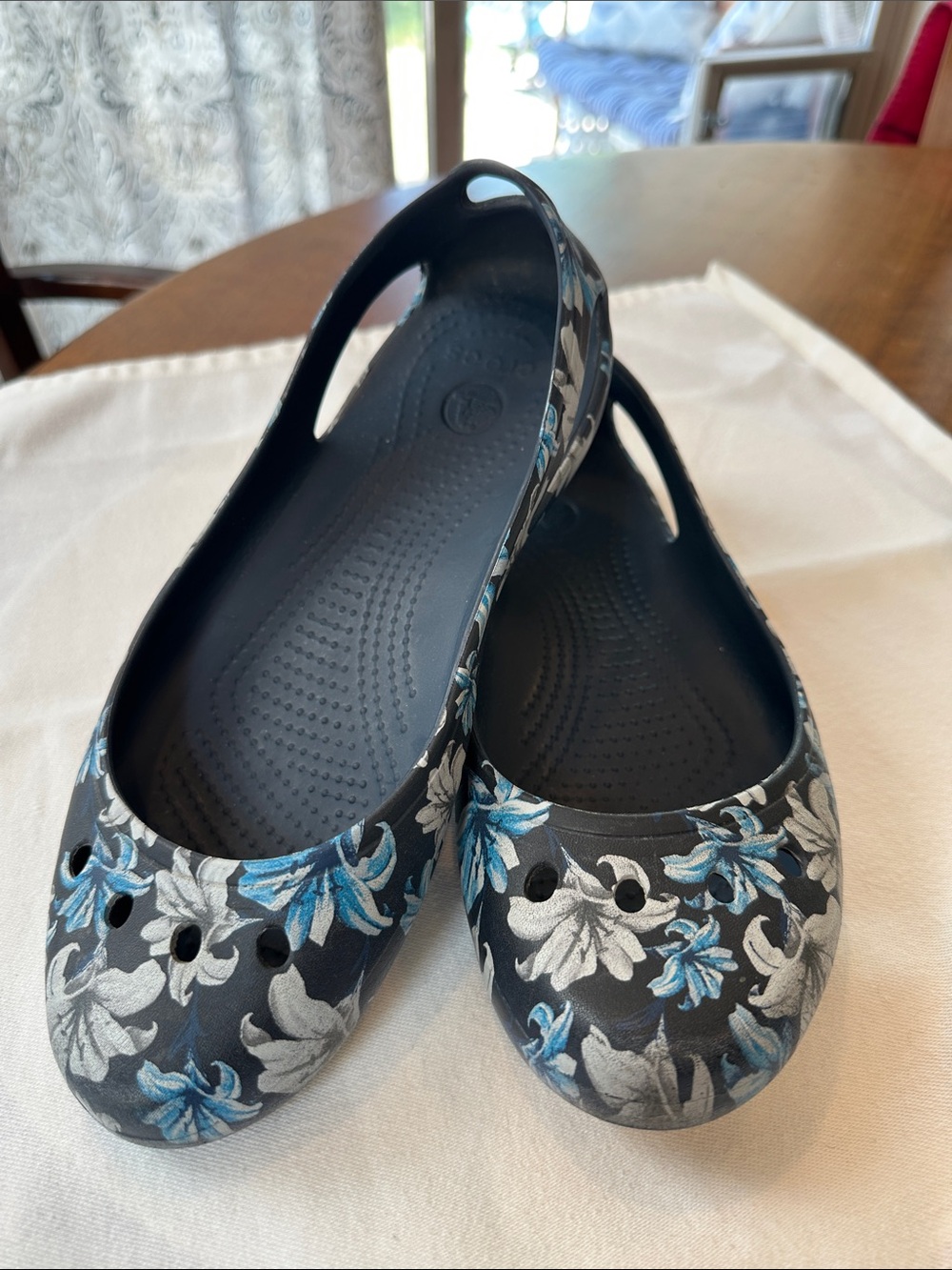 CROCS Kadee Navy Flats with Blue & White Floral Print